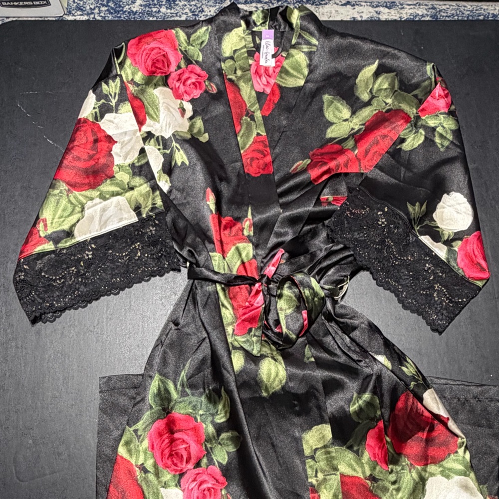 Women’s Size XS Lilac and London Red and Black Robe with Lace Trims Calf Length